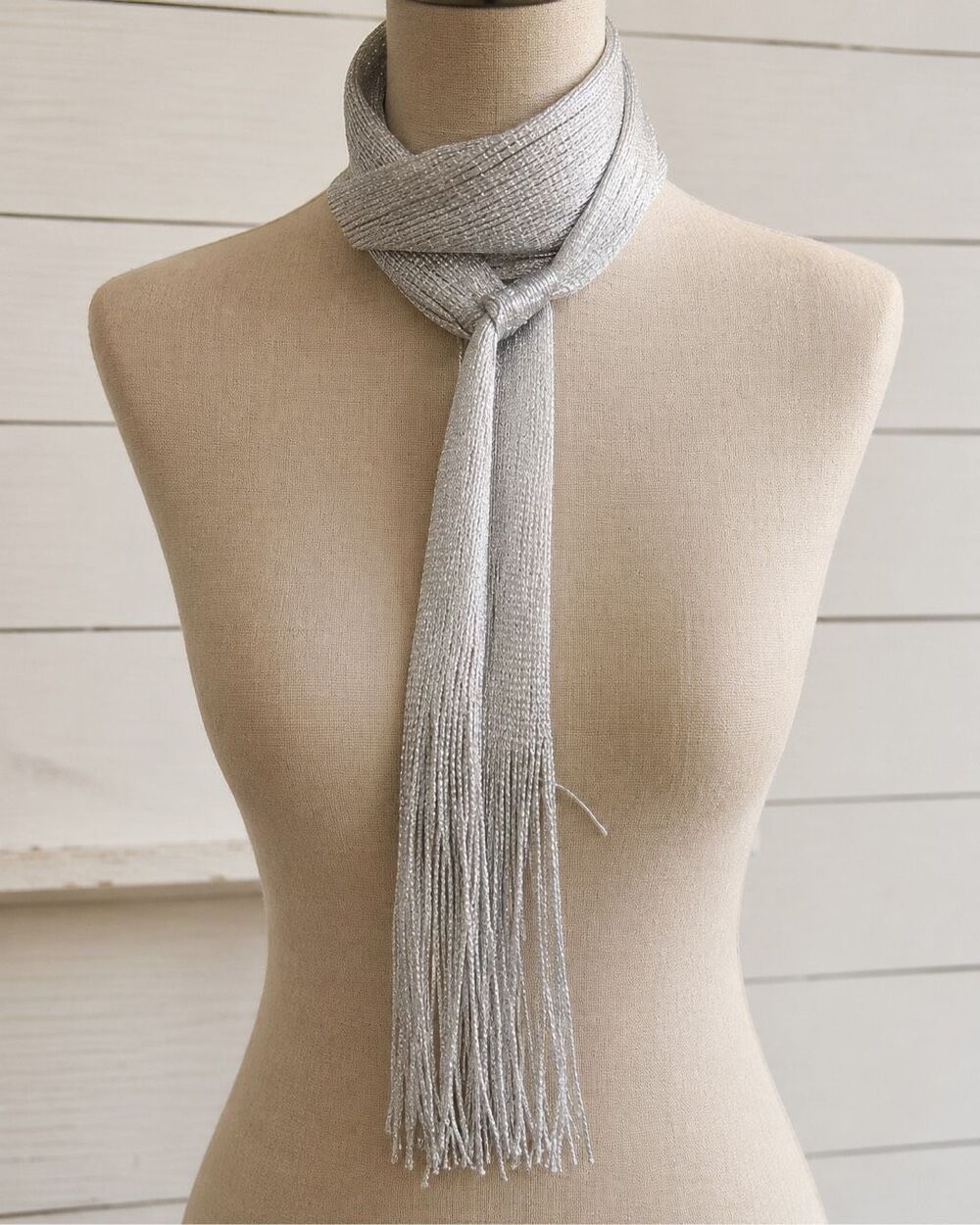 Silver Long Scarf with Fringe - Lightweight Metallic Knit - Picture 1 of 9
